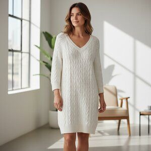 Black Tape Cable Knit Sweater Dress White V-Neck Long Sleeve Tunic Dress M NWOT